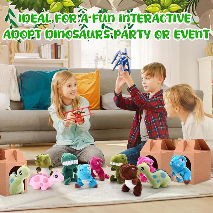84 Pcs Adopt a Pet Party Favors 24 Mini Plush Stuffed Animals 10 White Plastic Fence 24 Paper Gift Boxes 24 Adoption Cards with Mini Chalkboard and Artificial Lawn (Dinosaur)