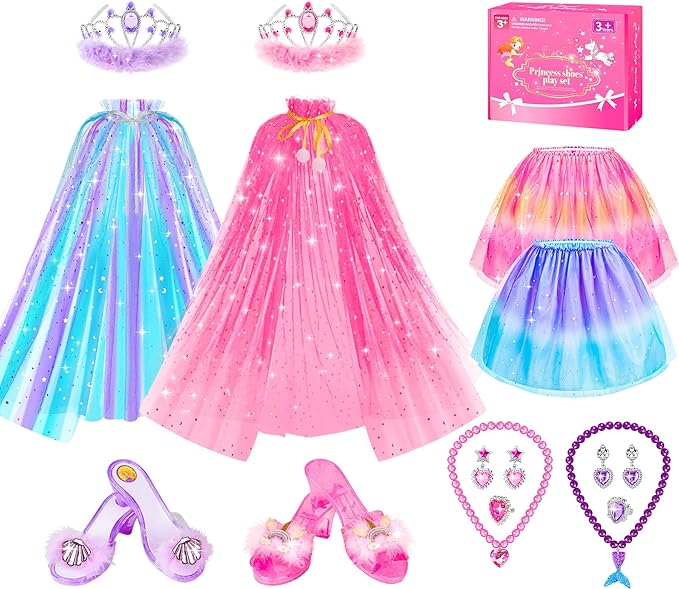 Princess Dress Up, Dress Up Clothes for Girls Princess Toys Set with Princess Capes Princess Shoes Princess Dress Jewelry, Birthday Christmas Gifts for Toddles Girls 3 4 5 6 Years