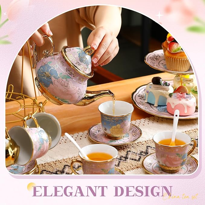 21 Pcs Ceramic Teapot Set Vintage Porcelain Tea Cups with Metal Holder and High Tier Cupcake Stand Saucers for Women Girls Farmhouse European Weddings Party Decor Gifts(Purple,Delicate)