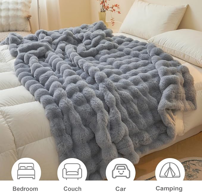 LIFEREVO Luxury Fluffy Faux Rabbit Fur Throw Blanket 50x60, Gray | Plush Shaggy Bubble Blanket for Bed Couch Sofa Office, Decorative Soft Cute Furry Lap Throw for Kids Teens Adults, Washable