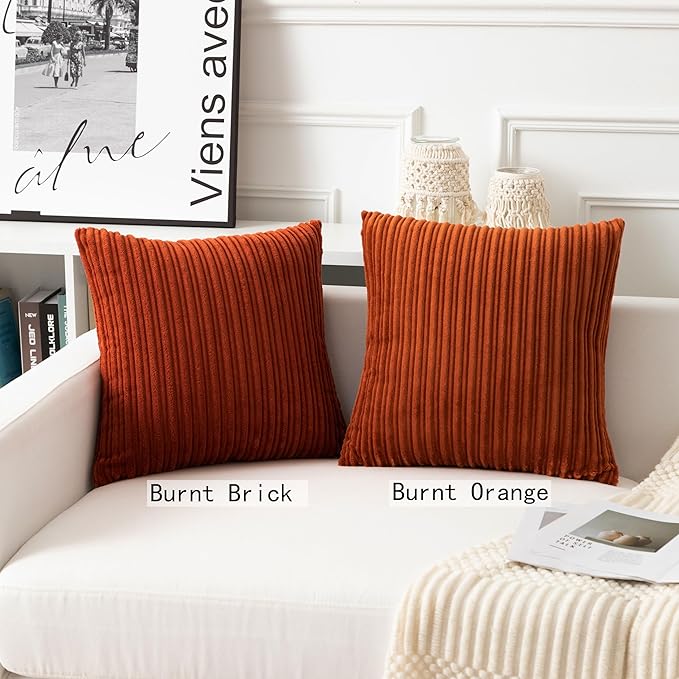 UGASA Fall Velvet 18x18 Inch Soft Throw Pillow Cover Decorative Corduroy Striped Both Sides Solid Square Cushion Case Boho Farmhouse for Couch Bedroom Sofa Home, 1 Piece, Burnt Orange