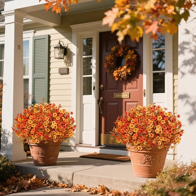 Ouddy Decor 24 Pcs Artificial Fall Flowers, Fake Mums Outdoor, Mixed Orange | Lifelike faux mums, silk flower, UV resistant, no-maintenance, for autumn Thanksgiving garden porch yard indoor outdoor decor
