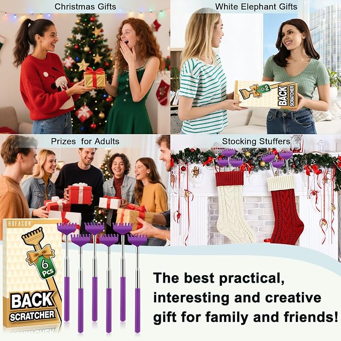 HOFASON 6 Pack Back Scratcher, Stocking Stuffers for Men Adults Women Teens, Christmas Small Bulk Gifts for Men Women Teens, White Elephant Gag Birthday Gifts, Party Favors Prizes for Adults (Purple)
