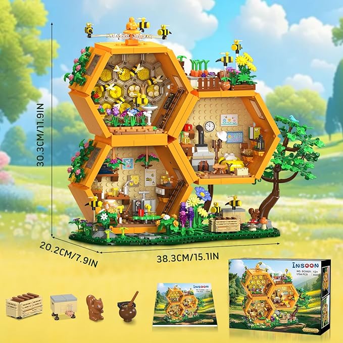 INSOON Farm Bee House Building Set with Lights, 1773PCS Honey Cabin Building Block Kit with Flowers Botanical Animals, Treehouse Construction Model Home Decor, Easter Gift for Adults Boys Girls 12+