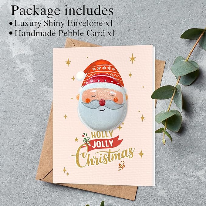 Handmade Vintage Santa Christmas Greeting – Retro Holiday Design with Envelope – 1950s Style Christmas Stationery, Pebble Art Nostalgic Keepsake for Holiday Gifting