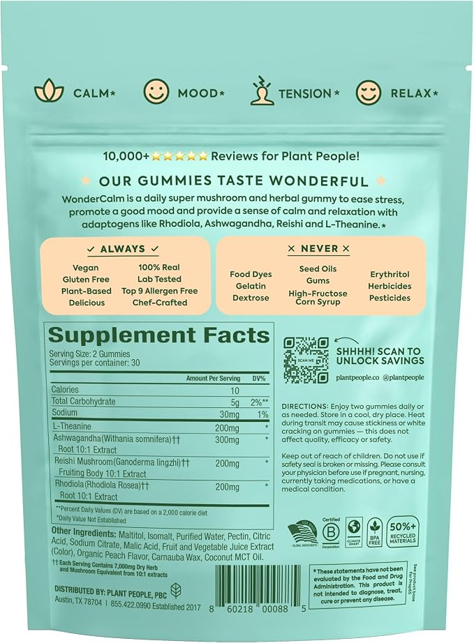 Plant People WonderCalm Mushroom & Ashwagandha Gummies - Natural Calm Gummies to Ease Stress & Boost Mood for Adults Without Sugar, Gluten or Artificial Colors, Vegan-Friendly, Peach Flavor, 60 Count