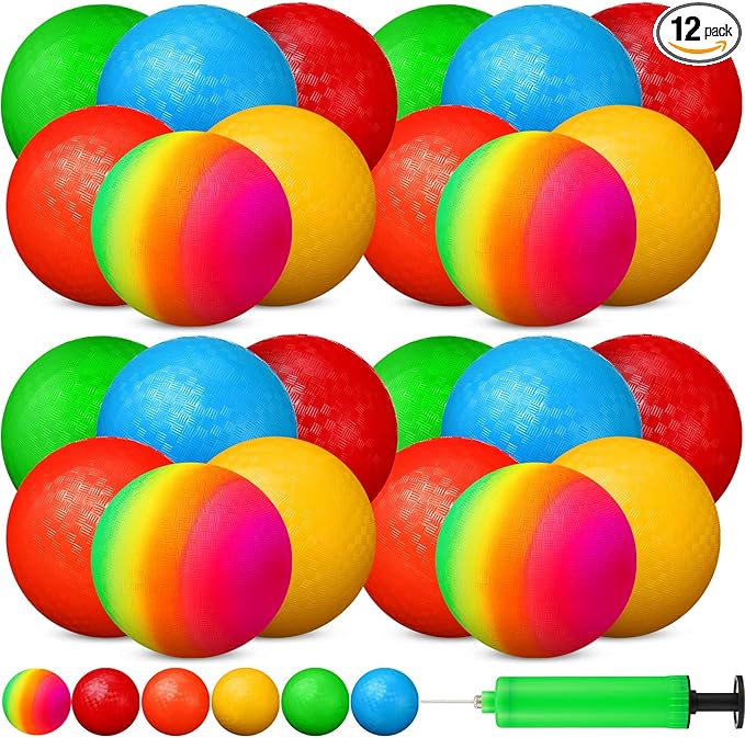 Vinsot 12 Pack 8.5 Inch Playground Balls Kickball Bulk, Bouncy Balls for Kids Inflatable Bouncing Handball with Hand Pump for Indoor Outdoor Games(Mixed Color)