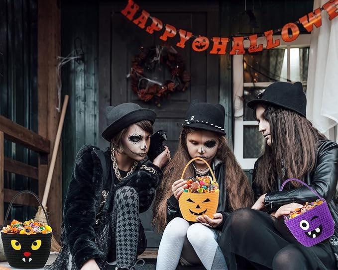 Halloween Trick or Treat Basket with Handle Cute Bucket Cotton Rope Woven Candy Bag Pumpkin Witch Cat Pig Storage Basket for Halloween Party Favor(3 Packs,Mixed Style)
