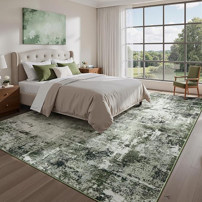 Rugflix 5x7 Area Rugs for Living Room, Washable Dark Green Large Rug | Machine Washable; Stain-Resistant; Low Pile; Non-Slip; Modern Abstract; Carpet for Bedroom Dining Office Nursery Home