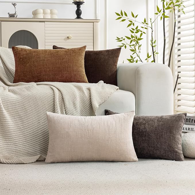 Set of 4 Soft Textured Decorative Throw Pillow Covers 12X20 Inch Cozy Farmhouse Cushion Cover Square Accent Pillow Cases for Bed Couch Sofa Living Room, Beige Taupe Brown