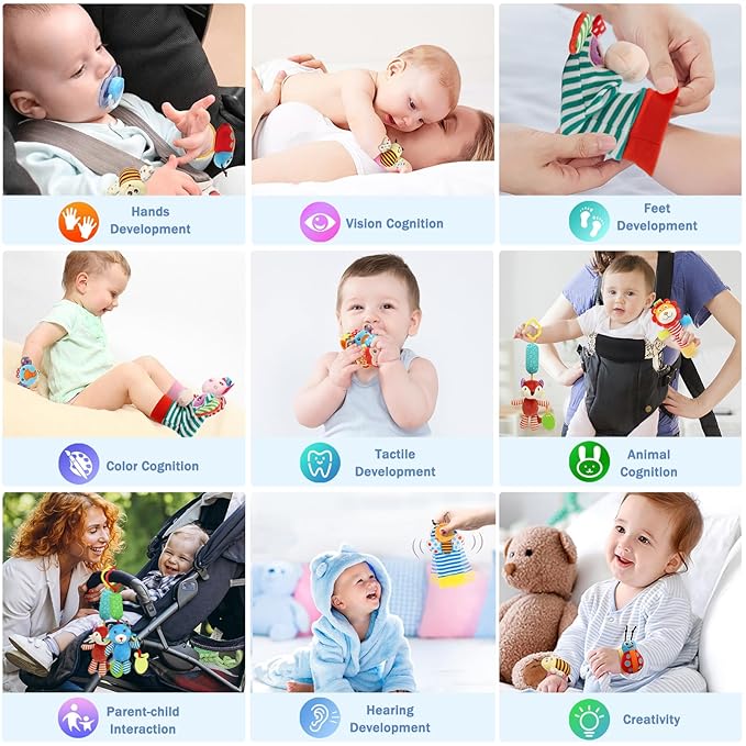 Wrist Rattles Foot Finder Rattle Sock Baby Toy, Hanging Rattle Toy, Arm Hand Bracelet Rattle, Feet Leg Ankle Socks, Activity Rattle Present Gift for Newborn Infant Babies Boy Girl Bebe (12 D)