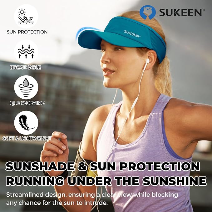 Sukeen Lightweight Sports Sun Visor Hat for Men Women | Packable, breathable, quick-dry, UPF50+ cooling visor hat, stretch fit, for running, tennis, golf, pickleball, softball