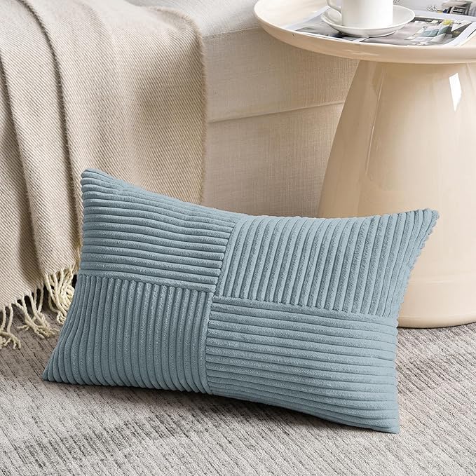 Fancy Homi Set of 2, Light Blue Patchwork Corduroy Decorative Soft Striped Modern Accent Cushion Case Farmhouse Boho Neutral Throw Pillow Covers for Chair Couch Bed Sofa Living Room 28x16 Inch
