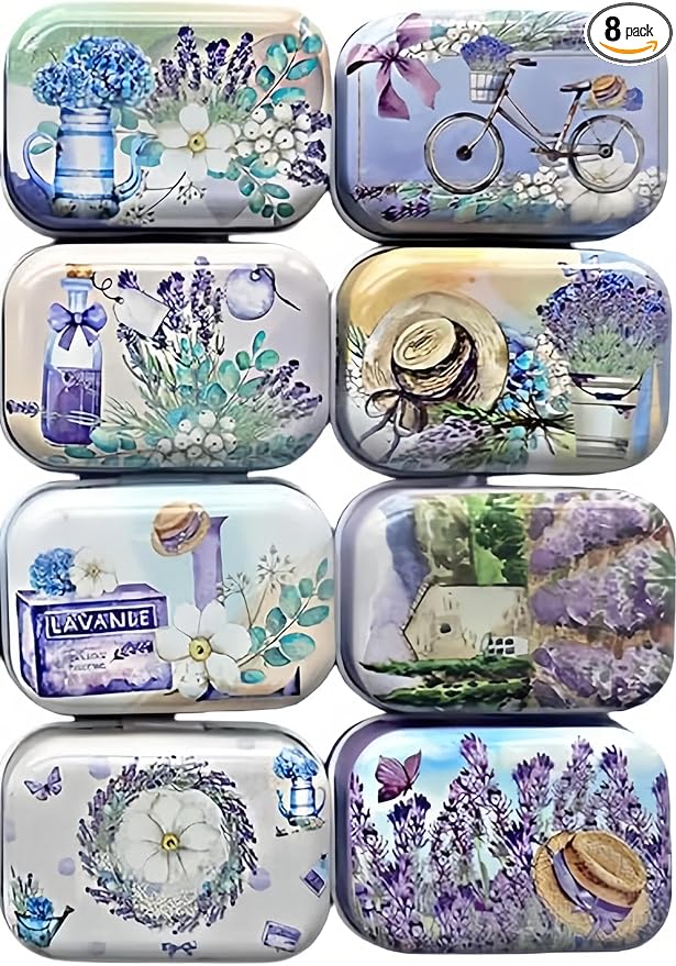 8Pcs Metal Hinged Tin Box Container Floral Farmhouse Rustic Mini Portable Small Storage Container Kit with Lid for Home Storage 2.1x1.5x1 Inch (Purple)