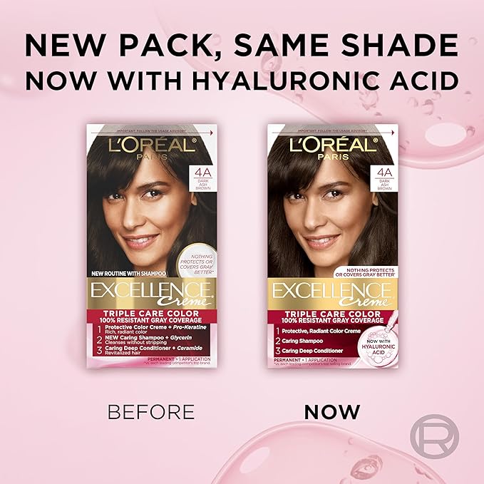 L'Oreal Paris Excellence Crème Permanent Hair Dye, Triple Care Hair Color with Hyaluronic Acid for 100% Gray Coverage, 4A Dark Ash Brown, 1 Kit (Packaging May Vary)