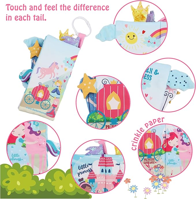 bebe mondo Unicorn Baby Books 0-6 Months Toys 6 to 12 Months, Touch Feel Cloth Crinkle Books for Babies,Infants, Soft Sensory Stroller Toys, Christmas Baby Gifts Shower Items, Chweing Book (Princess)