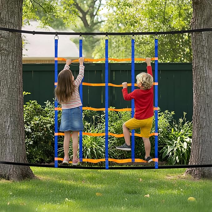TOPNEW Climbing Net for Kids Outdoor, Portable Ninja Cargo Net Rope Ladder Monkey Bars for Ninja Slackline, Jungle Gyms, Swing Set, Warrior Style Obstacle Courses for Outdoor Treehouse