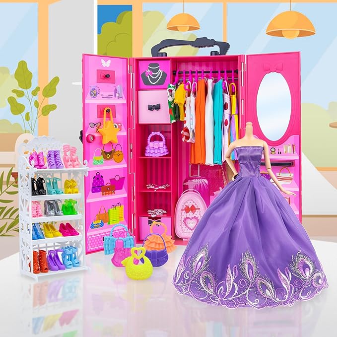 Ecore Fun Fashion Doll Closet Wardrobe for Doll Clothes and Accessories Storage - Lot 102 Items Include Clothes, Dresses, Shoes, Bags, Necklace, Shoes Rack, Hangers for 11.5 Inch Girl Doll Clothes