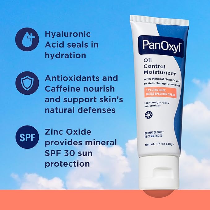 PanOxyl AM Oil Control Moisturizer, NEW Sheer Formula, Absorbs Excess Oil and Reduces Shine, with Mineral Sunscreen for Acne Prone and Oily Skin - SPF 30-1.7 oz