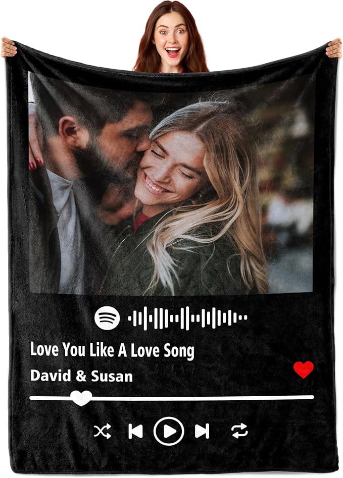 Custom Spotify Code Music Blanket Customize Blankets with Picture Text Customized Thows Photo Blanket Personalized Valentines Mothers Day Birthday Gifts for Mom Dad Girlfriend Boyfriend Wife Husband