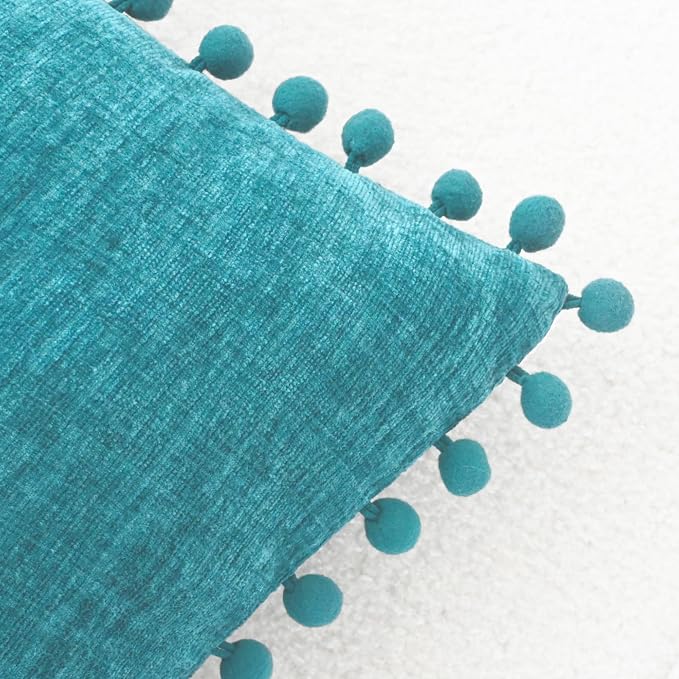 CaliTime Decorative Couch Throw Pillow Covers 22 X 22 Inches Lake Blue | Pack of 2, Cozy Chenille Cushion Cases, with Pom Poms for Sofa Bed Living Room Farmhouse Home