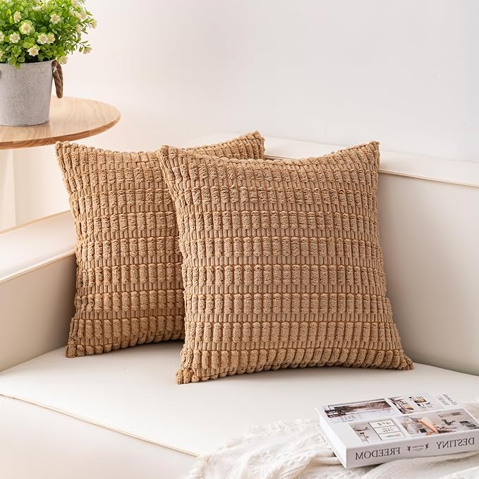 Aegero Pack of 2 Corduroy Decorative Throw Pillow Covers 18x18 Inch, Coffee | Fall Soft Striped Pillow Covers Modern Farmhouse Home Decor Christmas Throw Pillow Covers for Sofa Living Room Couch Bed