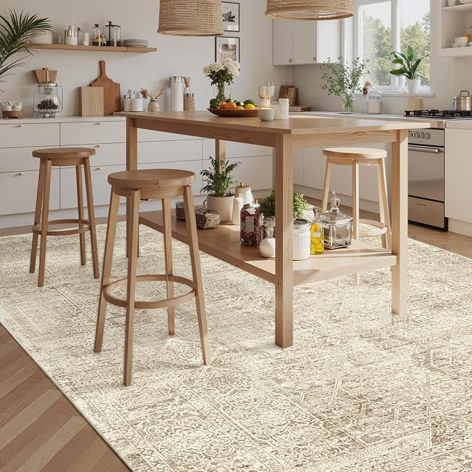 Soalmost Washable Area Rug 8x10 Large Soft Living Room Rugs Light Brown | Farmhouse Vintage Carpet Non-Slip for Dining Bedroom, Stain Resistant Low Pile Foldable Thin Floor Mat Under Table Home Decor