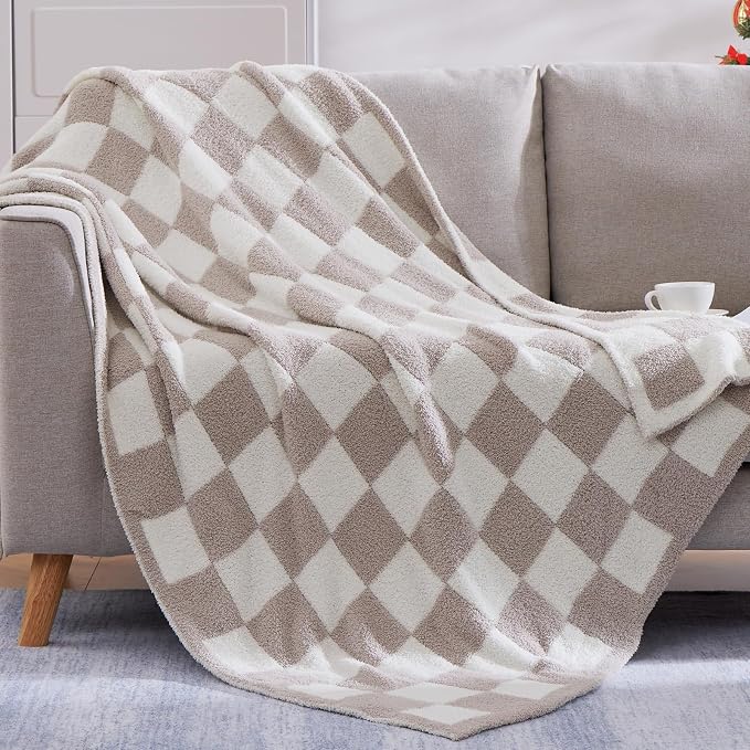 Soft Checkered Throw Blanket for Couch-Cozy Warm Knitted Blankets | Lightweight Warm Fluffy Decor for Women, Mom, Her & Girls, Sofa, Chair, Bed, 50x70in, Taupe