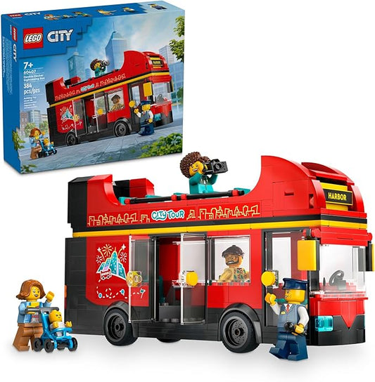 LEGO City Red Double-Decker Sightseeing Bus Toy Vehicle Set, Birthday Gift for 7 Year Olds, for Kids, Double-Decker London Bus Toy, 5 Characters Including a Baby and Stroller, 60407