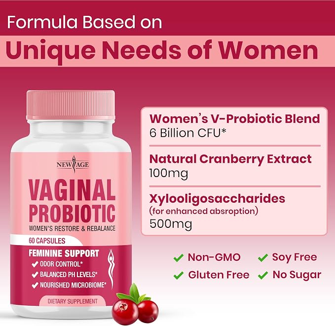 NEW AGE Vaginal Probiotics for Women with Prebiotics, Cranberry Extract, and a Lactobacillus Probiotic Blend, Supports Healthy pH Balance, Odor Control, Vaginal Flora - 60 Capsules