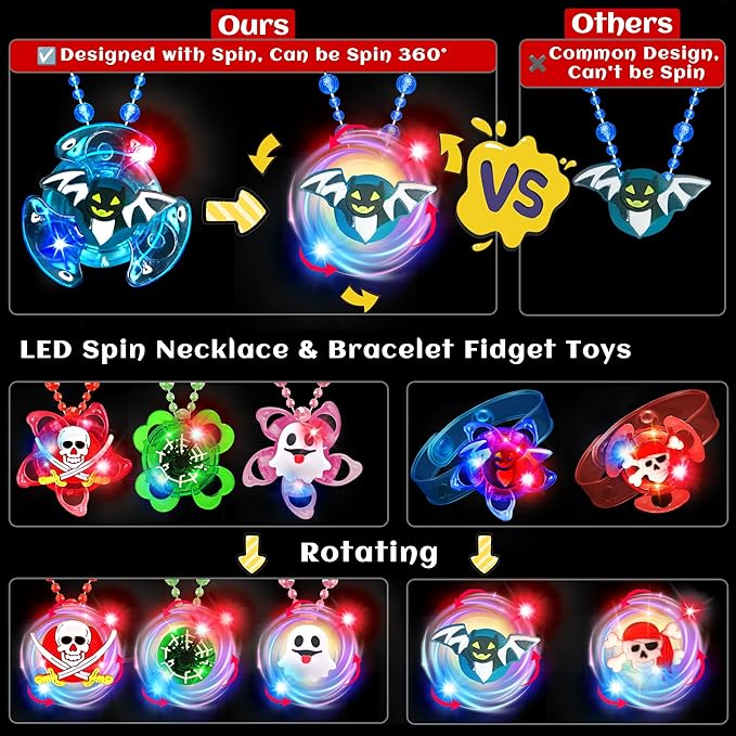 78 Pcs Halloween Party Favors, Halloween Toys Gifts for Kids, LED Rotating Bracelets Necklaces Light Up Rings Glow In The Dark Bouncy Balls Temporary Tattoos for Halloween Party Decorations Supplies
