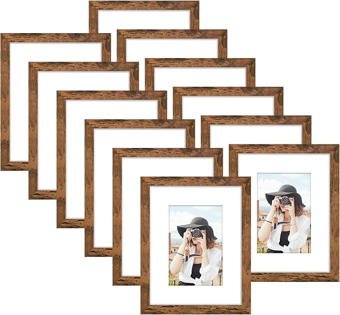 Picrit 11x14 Picture Frame Set of 12, Display 8x10 with Mat or 11x14 without Mat, Photo Frames for Wall Mounting or Table Top Display, Brown
