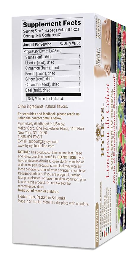 HYLEYS Colon Cleanse Tea, Assorted Flavors - 42 Individually Wrapped Herbal Tea Bags - Caffeine Free, Gluten Free