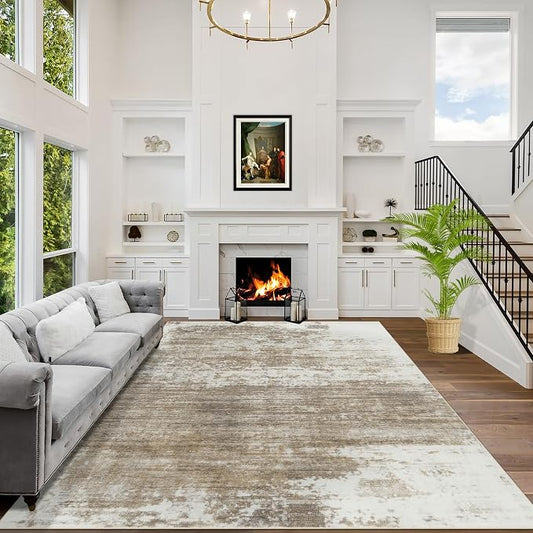 6x9 Area Rugs Washable Rug: Large Modern Abstract Living Room Rug Soft Anti-Skid Thin Carpet Indoor Floor Non-Shedding Carpets for Bedroom Dining Room Farmhouse Nursery Home Office Brown White