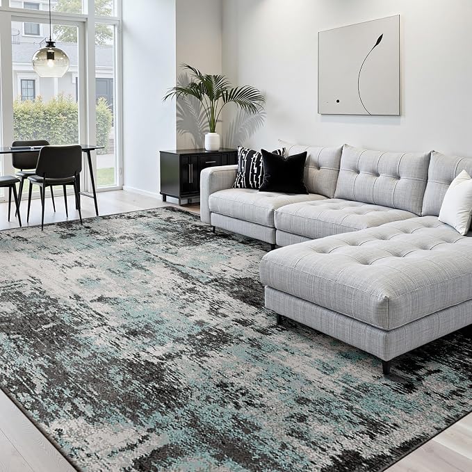 RELEANY Washable 10'x14' Abstract Area Rug for Living Room Teal Black | carpet for bedroom, kitchen, office, hallway and entryway, printed pattern, non-slip, soft, stain-resistant, easy to clean