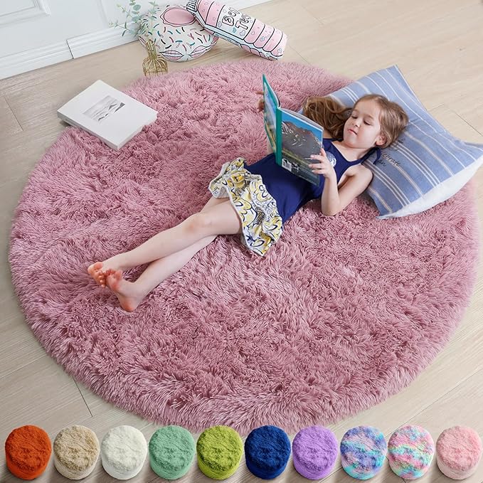 Amdrebio Mauve Pink Round Area Rug 6Ft for Girls Bedroom, Cute Fluffy Shaggy Circle Rugs for Kids Room Decor, Shaggy Furry Carpet for Princess Nursery Playroom, Large Fuzzy Plush Dusty Rose Blush Rug