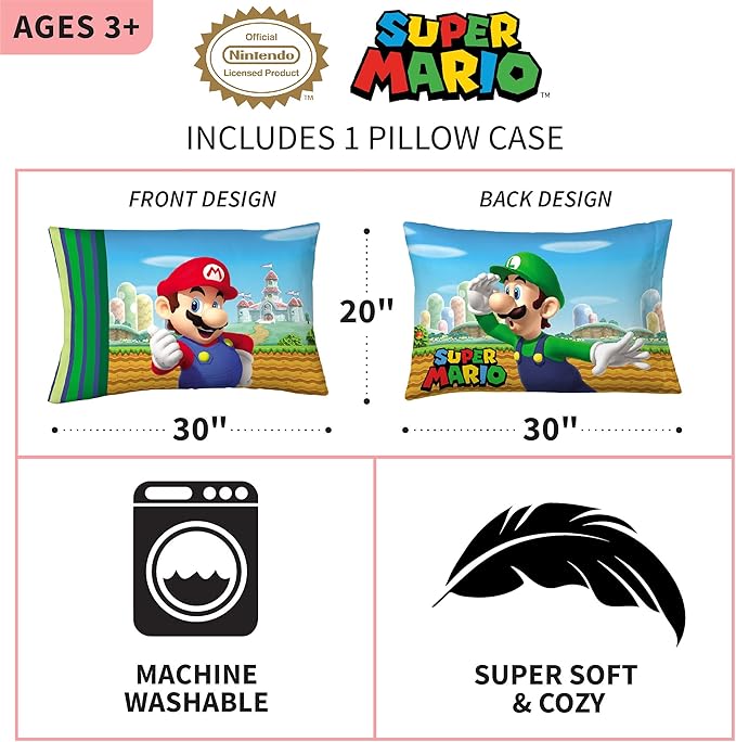 Franco Kids Bedding Super Soft Microfiber Reversible Pillowcase, 20 in x 30 in, Mario