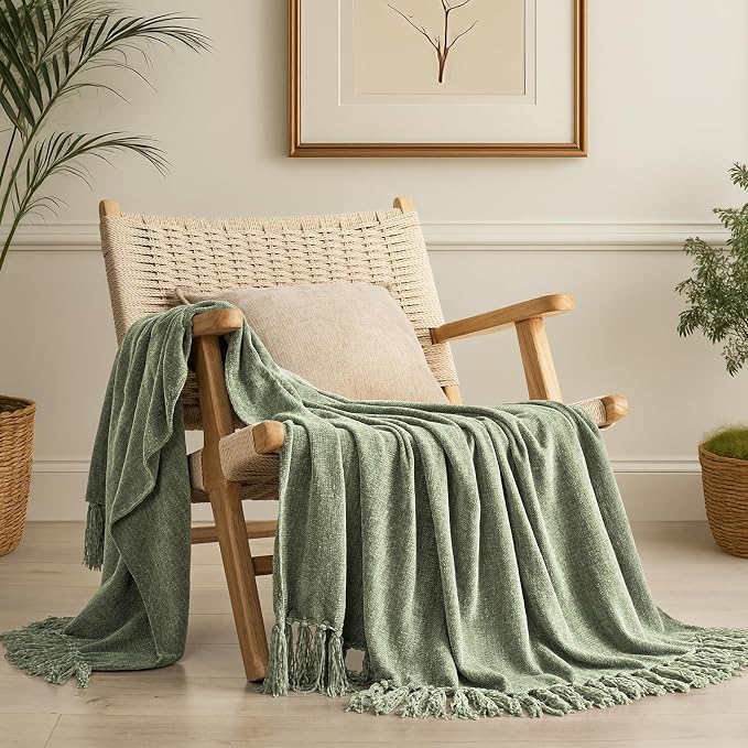 Chenille Knit Throw Blanket for Couch, 60"x80", Sage Green | Cozy Plush Fuzzy Knittd Throw with Tassels, Lightweight, Decorative, Farmhouse Decor, Ideal for Bed Sofa Gift, All Seasons
