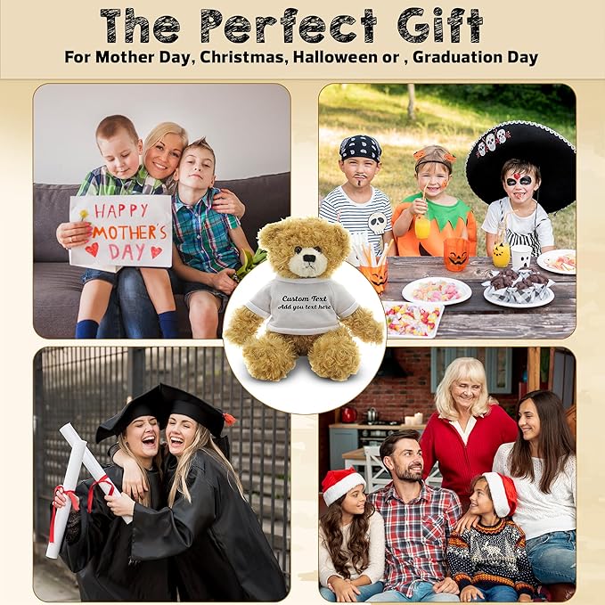 Customized Beige Brandon Bear - 12 inch Personalized Stuffed Bear Plush Toy - Perfect Custom Shirt Bear Gift for Graduation Valentines Graduation Easter Holidays (White Shirt)