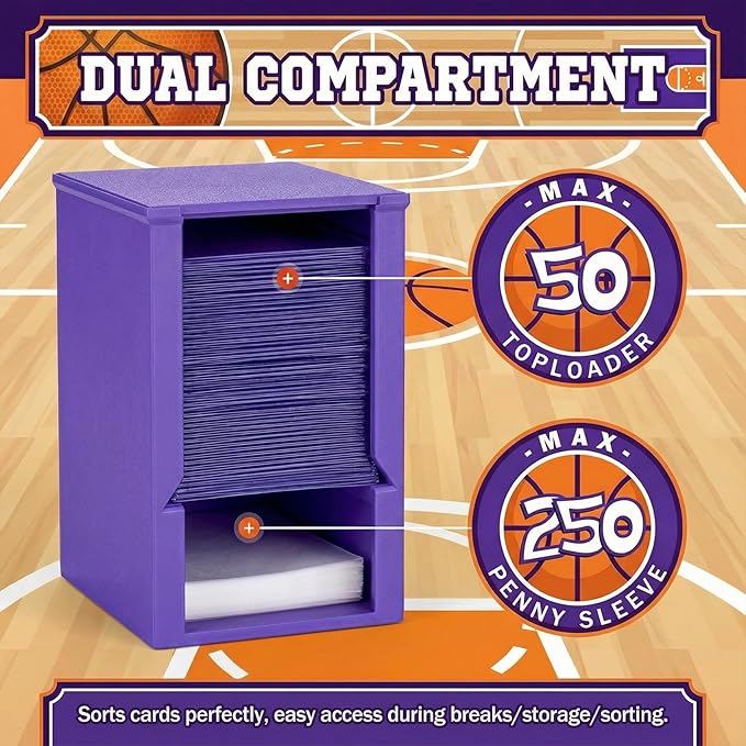 Toploader Dispenser & Penny Sleeve Holder - Dual Compartment Holds 250 Penny Sleeves & up to 50 Top Loaders, Stackable Card Storage Box with Dustproof Lid (Purple)