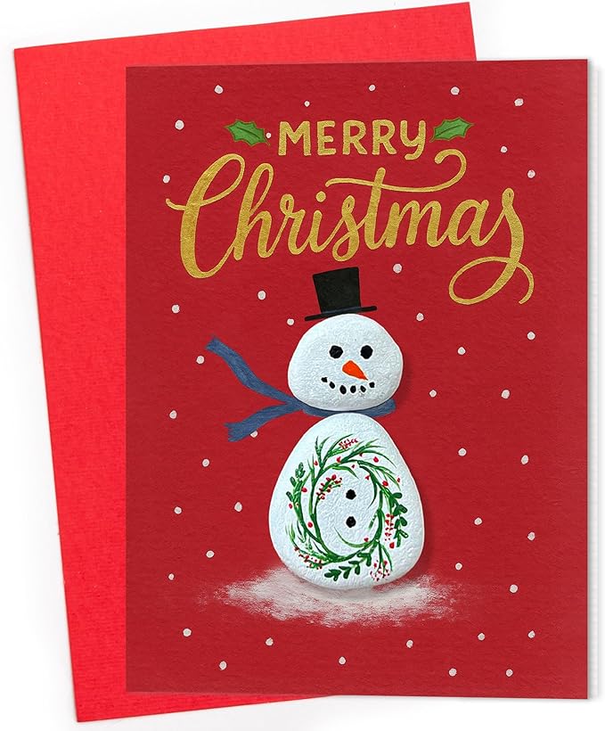 Handmade Snowman Christmas Greeting – Pebble Art Holiday Design with Envelope – Small Happy Holidays Mini, Winter-Themed Stationery, Unique Handmade Gift for Christmas