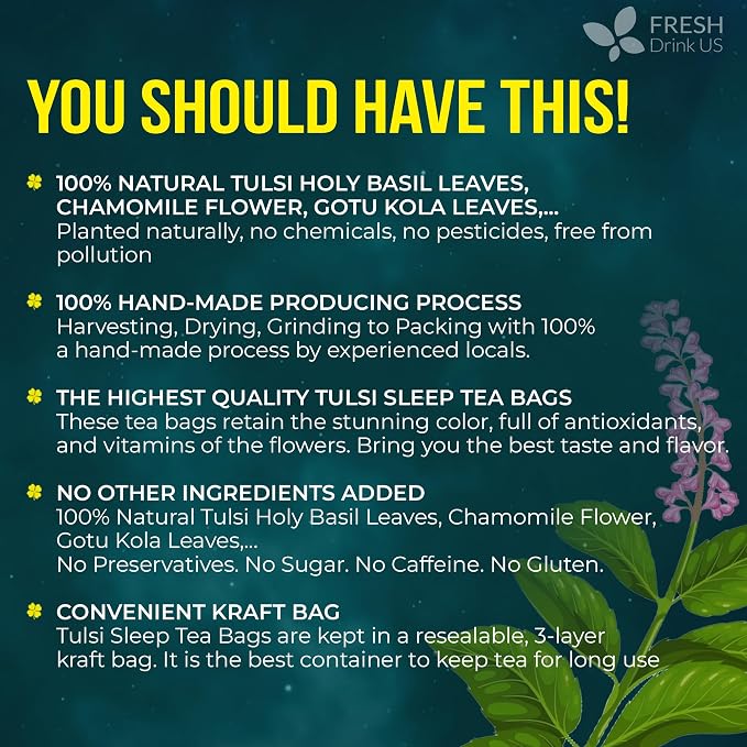 FreshDrinkUS, Tulsi Sleep Tea Bags | 75 Tea Bags | Herbal Blend with Tulsi Holy Basil, Chamomile, Gotu Kola, Ashwagandha & Peppermint | Naturally Caffeine-Free, Relaxing Evening Herbal Tea. Vegan