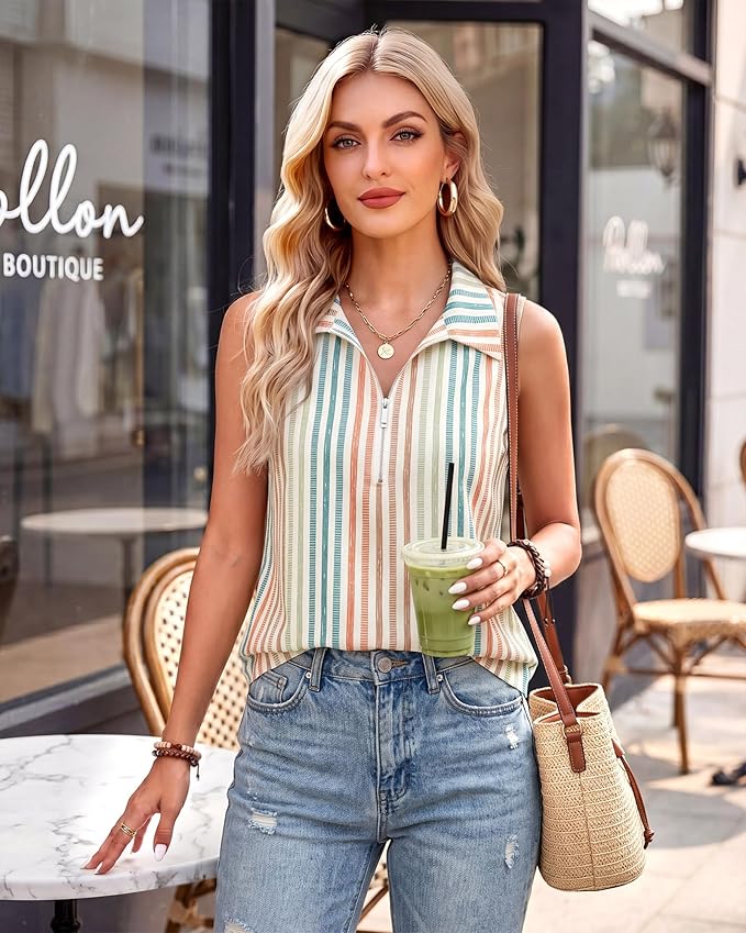 Vivilli Womens Ribbed Tank Top Zipper V Neck Dressy Casual Blouses Sleeveless Camisole Tops Work Tank Polo Shirts
