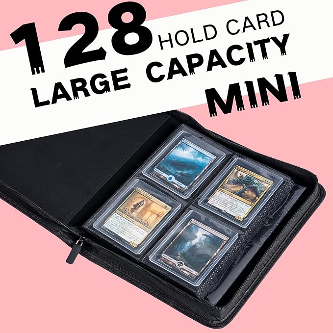 Top loader Binder, Holds 128+ Toploaders, 4 Pocket Top Loader Card Storage Case, Double-Sided Pockets for trading card in 3 x 4'' Toploaders（Pink）