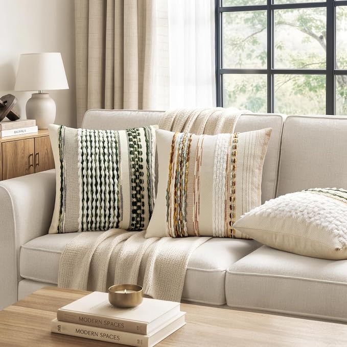 ANRODUO Boho Decorative Pillow Covers Plush Olive Green 20x20 Pack of 2 | Throw Pillow Covers, Soft Plush Tufted Farmhouse Cushion Case, Pillow Covers, Accent Neutral Pillowcase for Sofa Couch Bed