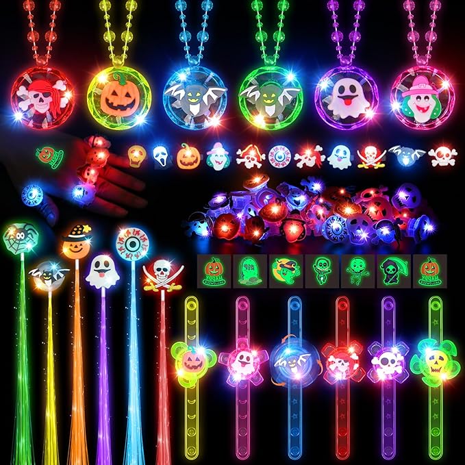 Halloween Party Favors for Kids, 72 Light Up Rings Necklaces Temporary Tattoos Rotating Bracelets Hair Lights, Halloween Trick or Treat Toys Gifts, Goodie Bag Stuffers, Halloween Toys Prizes Bulk