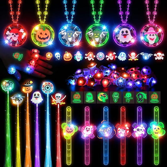 Halloween Party Favors for Kids, 72 Light Up Rings Necklaces Temporary Tattoos Rotating Bracelets Hair Lights, Halloween Trick or Treat Toys Gifts, Goodie Bag Stuffers, Halloween Toys Prizes Bulk