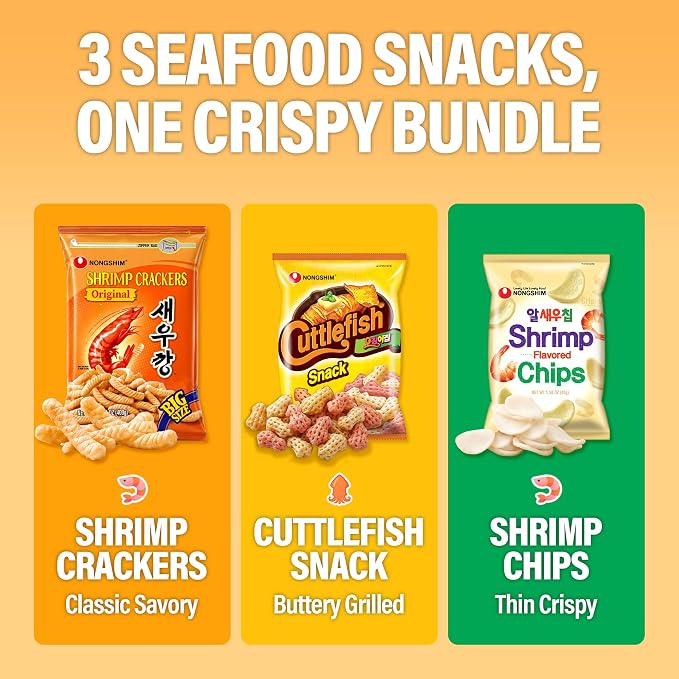 Nongshim Shrimp Chips 3-Flavor, Crispy Korean Snack Variety, 5 Count | Korean shrimp chip variety with original, spicy and gochujang seasonings, airy chip texture