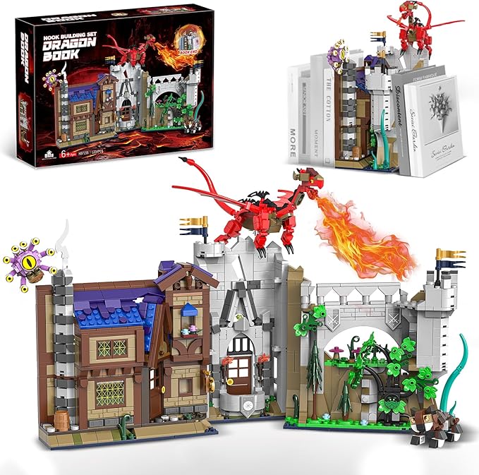 Red Dragons Medieval Castle Book Nook Building Set, Unique Bookend for Bookshelf & Home Decor, Compatible with Lego Adults, Dragon Toy Gift for Kids Boys 8-14 (1234 PCS)