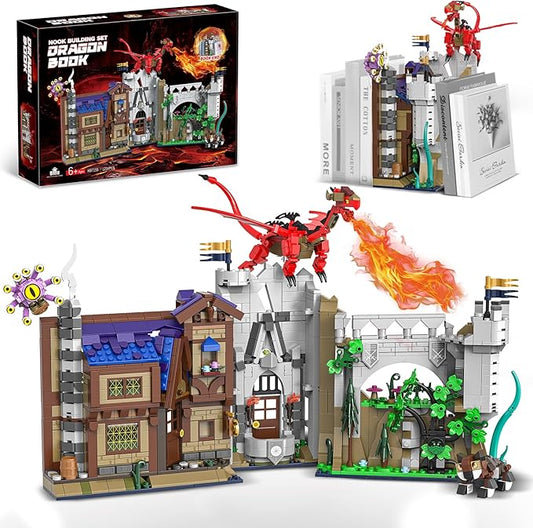Red Dragons Medieval Castle Book Nook Building Set, Unique Bookend for Bookshelf & Home Decor, Compatible with Lego Adults, Dragon Toy Gift for Kids Boys 8-14 (1234 PCS)